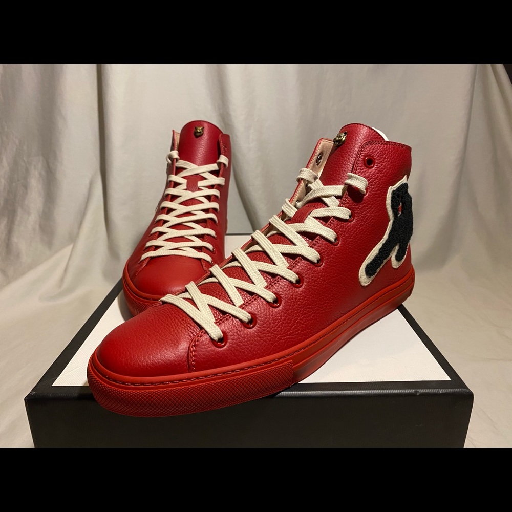 New Gucci Red Panther Web High Top Shoes
